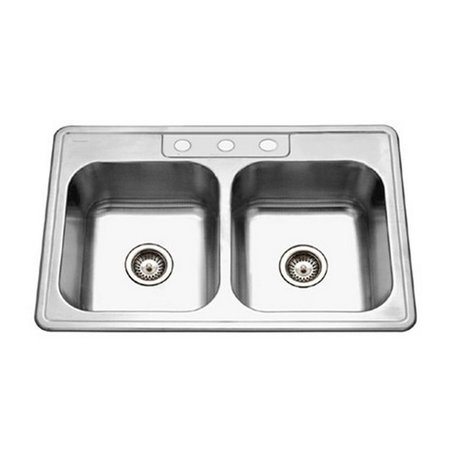 HOUZER 8 in. Deep Glowtone Series Topmount Stainless Steel 3 Hole 50 & 50 Double Bowl Kitchen Sink HO298184